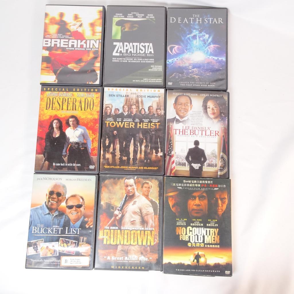 Lot of 9 DVDs - No Country for Old Men, Desperado, Tower Heist: Lot of 9 DVD movies featuring a mix of action, drama, documentary, and comedy titles. Great bundle for movie collectors and fans of classic and modern films. All DVDs come in their original cases. Pre