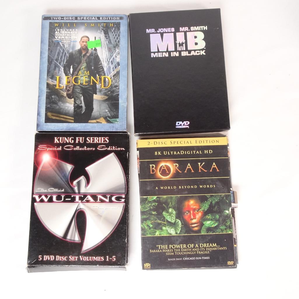 DVD Lot - Men in Black Box Set, I Am Legend, Baraka, Wu-Tang Kung Fu Series: Mixed DVD lot featuring action, sci-fi, martial arts, and documentary titles. A great bundle for movie collectors and fans of classic films and special editions. All items come in their original cases