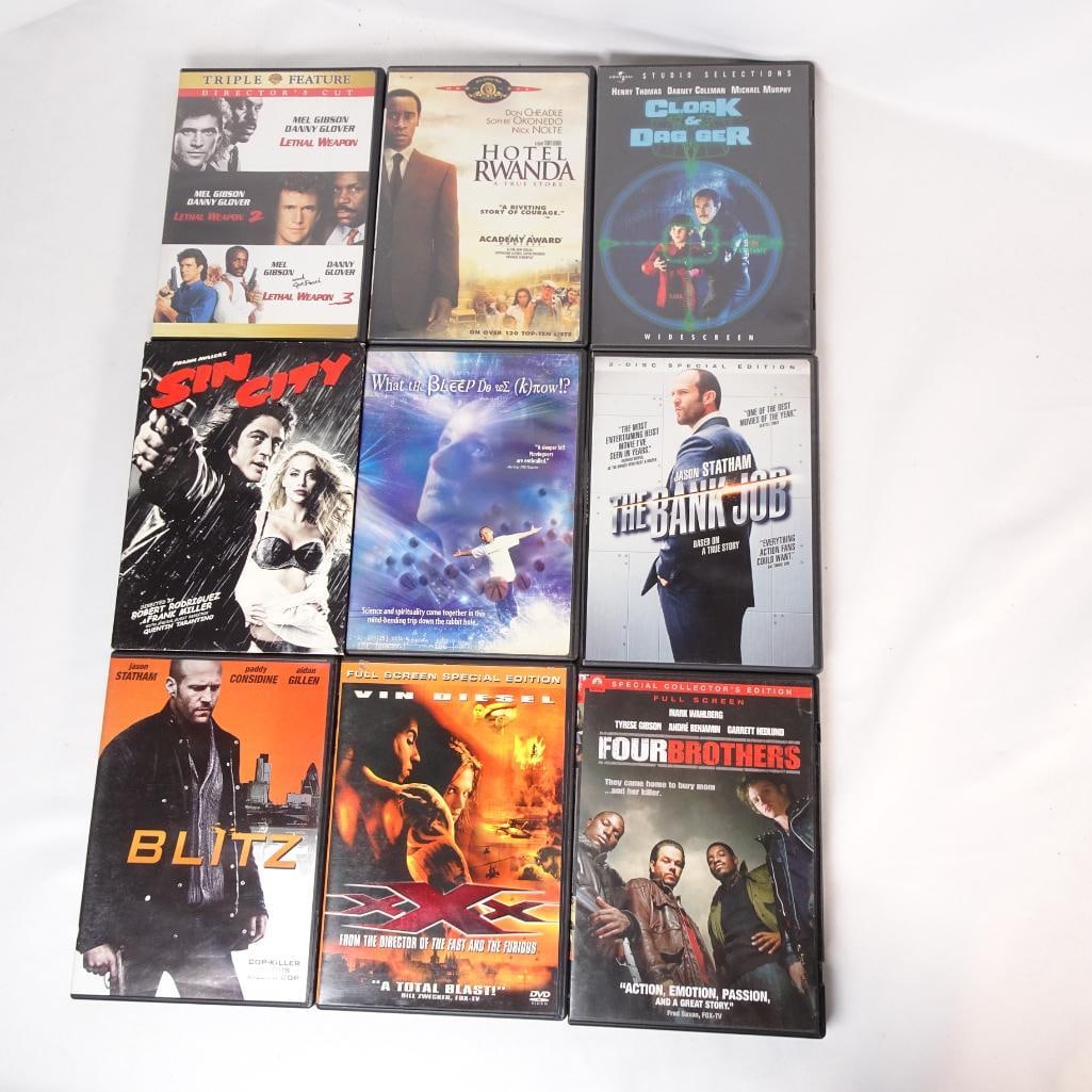 DVD Movie Lot - Lethal Weapon Trilogy, Sin City, The Bank Job, Blitz & More (9 Films): Mixed DVD movie lot featuring action, crime, and thriller films, including popular titles and classic favorites. All DVDs come in original cases. Pre-owned condition with normal shelf wear. Discs incl