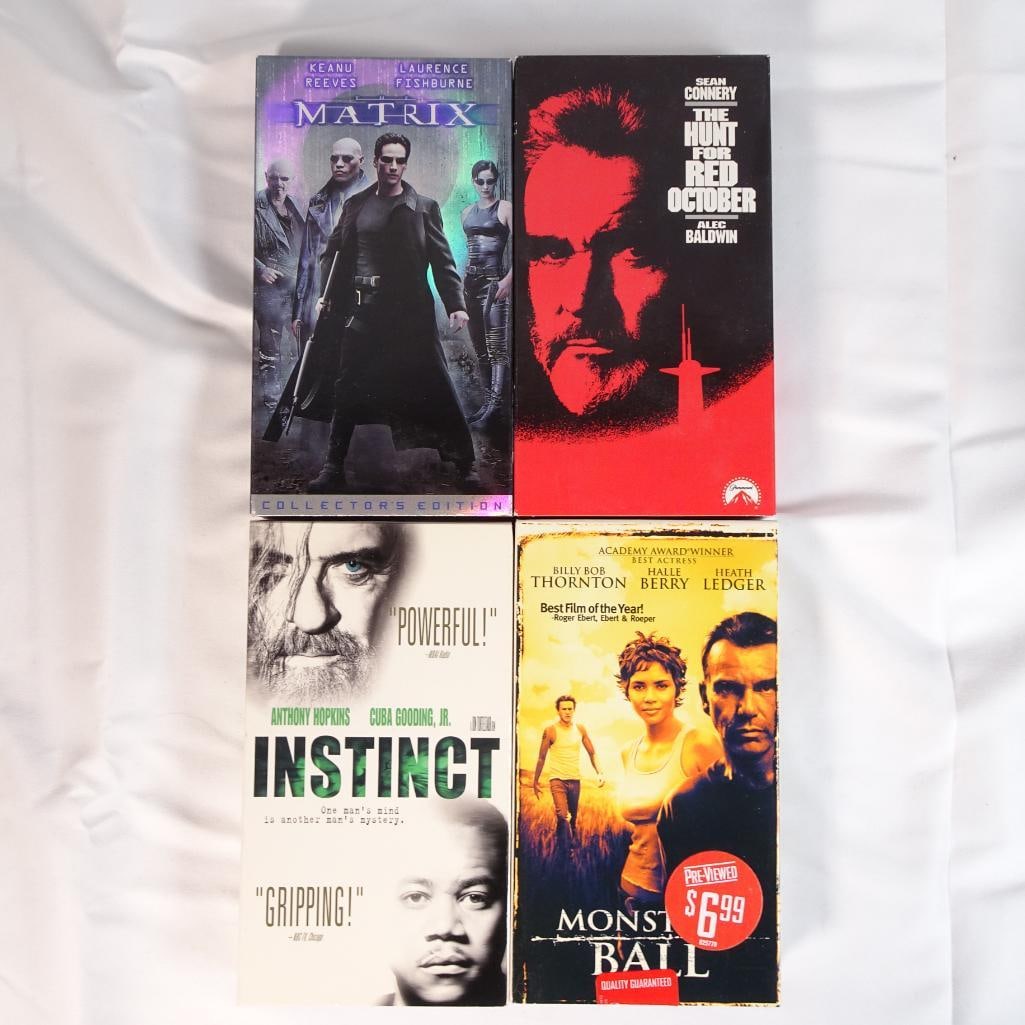 Lot of 4 VHS Movies - The Matrix, Hunt for Red October, Monster?s Ball, Instinct - Action Drama: Lot of 4 movies on VHS tape, featuring a mix of action, thriller, and drama films with award-winning performances and major Hollywood stars. A strong collection of iconic and critically acclaimed film
