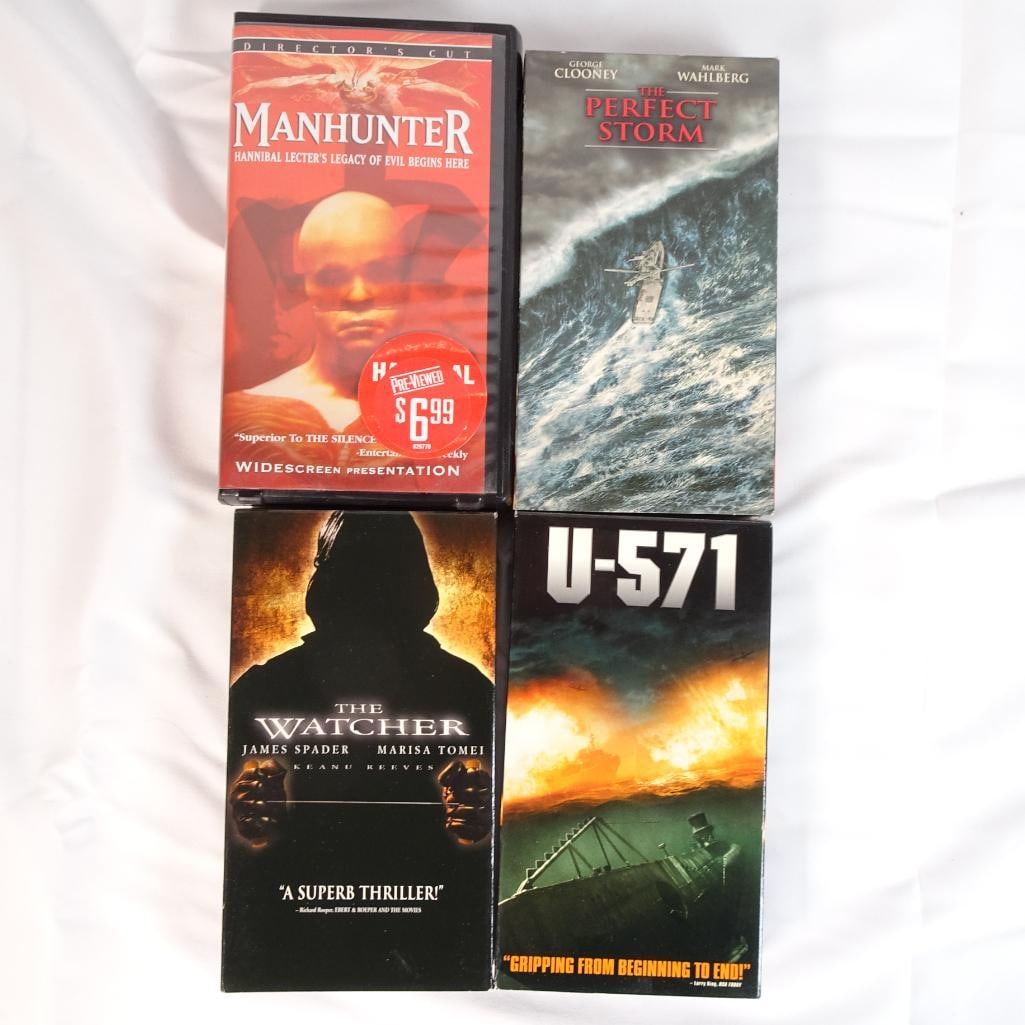 Lot of 4 VHS Movies - Manhunter, The Perfect Storm, U-571, The Watcher - Thriller Action: Lot of 4 movies on VHS tape, featuring a mix of thriller, action, and disaster films with well-known actors. A solid collection of suspenseful and action-packed titles, perfect for fans of thrillers,