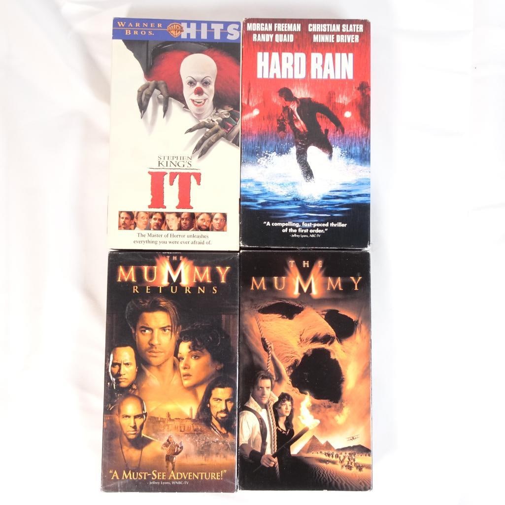 Lot of 4 VHS Movies - The Mummy, Mummy Returns, Stephen King?s IT, Hard Rain - Action Adventure: Lot of 4 movies on VHS tape, featuring a mix of action, adventure, and horror films with popular and recognizable titles. A great collection of blockbuster favorites and cult horror, perfect for fans