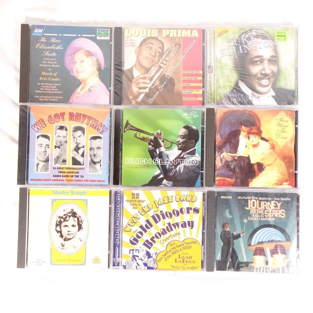 Lot of 9 CDs - Jazz, Swing & Big Band - Louis Prima, Duke Ellington, Tommy Dorsey: Lot of 9 music CDs featuring a collection of classic jazz, swing, and big band recordings. A great lot for collectors of jazz, swing era music, and vintage recordings. Condition: Pre-owned. Cases show