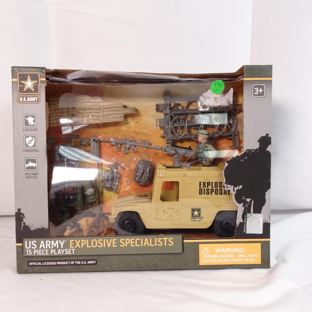 U.S. Army Explosive Specialists Playset 15 Piece Military Vehicle Soldier Set NIB: Officially licensed U.S. Army Explosive Specialists playset featuring a detailed military vehicle and accessories. This 15-piece set includes soldiers, weapons, tactical gear, and a military vehicle,