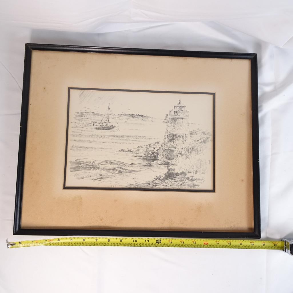 Pair Framed Coastal Harbor Pencil Drawings Jas F Murray Lighthouse Nautical Wall Art Set: Beautiful pair of framed coastal harbor pencil drawings featuring lighthouse and dock scenes, signed Jas F. Murray. These black and white artworks bring a classic nautical charm, perfect for beach hou