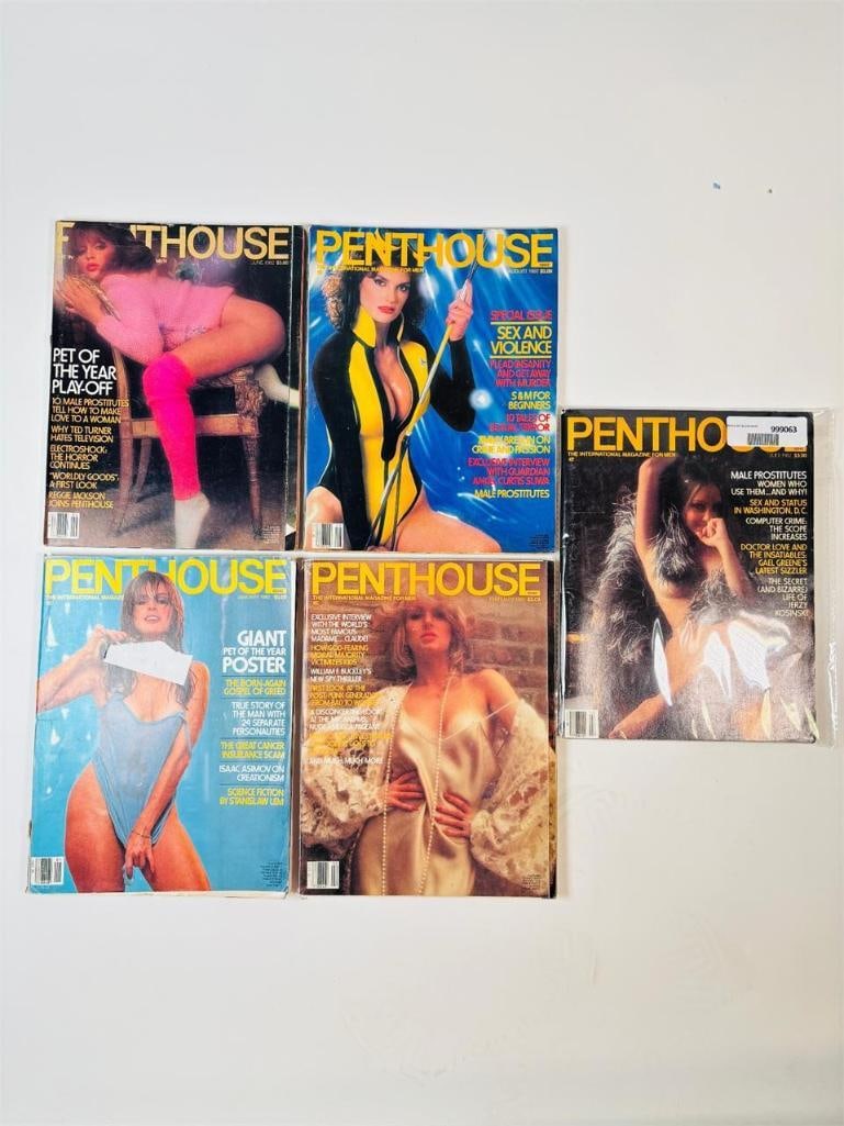 1980s Vintage Penthouse Magazines: set of five (5) vintage issues of Penthouse Magazine. Known for its sophisticated blend of provocative pictorials, high-end lifestyle features, and award-winning investigative journalism, this publica