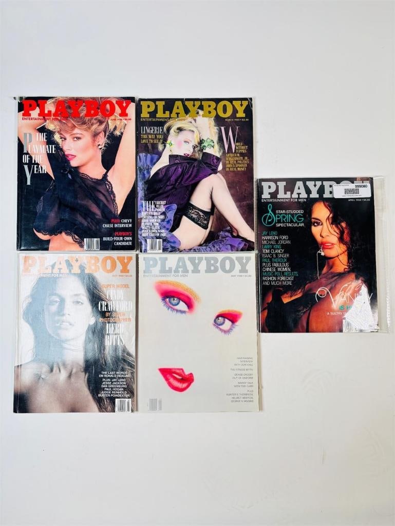 1988 Vintage Playboy Lot Featuring Cindy Crawford: set of five (5) vintage issues of Playboy Magazine. Known for its sophisticated blend of world-class photography, award-winning journalism, and interviews with the most influential figures of the 20th