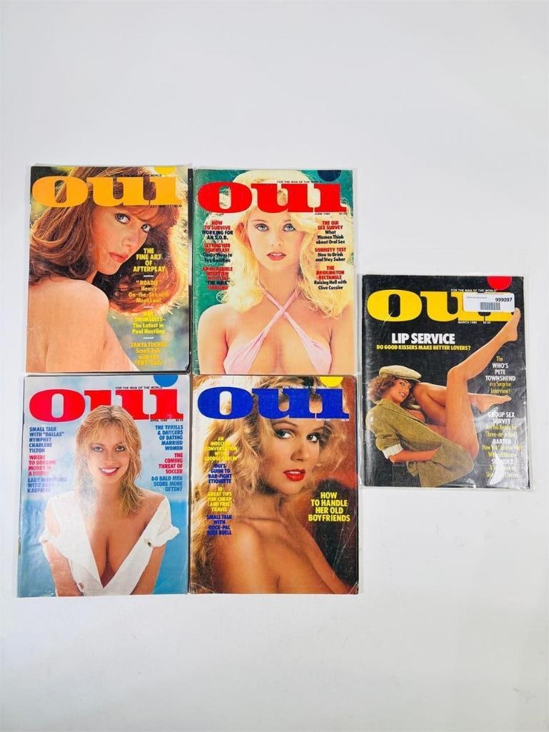1980s Oui Magazines Classic 80s Adult Media: set of five (5) vintage issues of Oui Magazine from the 1980s. Known for its distinctive "European-style" aesthetic and its evolution into a bold, high-energy adult publication during the 1980s, this