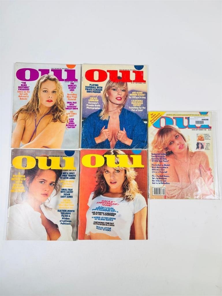 Vintage 1980s Oui Magazines Retro Adult media: set of five (5) vintage issues of Oui Magazine from the 1980s. Known for its distinctive "European-style" aesthetic and its evolution into a bold, high-energy adult publication during the 1980s, this