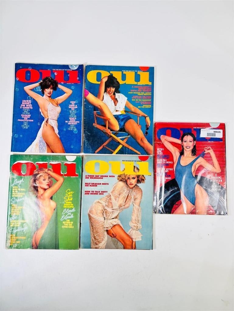 1970s Oui Magazines Classic 80s Adult Media: set of five (5) vintage issues of Oui Magazine from the 1980s. Known for its distinctive "European-style" aesthetic and its evolution into a bold, high-energy adult publication during the 1980s, this