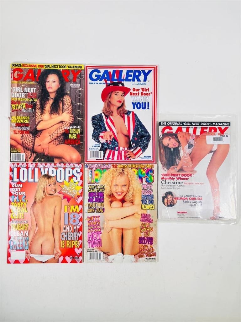 Gallery Magazine Collection Vintage Adult Media: set of five (5) vintage issues of Gallery Magazine. Known for its high-quality "Girl Next Door" pictorials and its reputation for gritty, investigative journalism alongside world-class glamour photogr