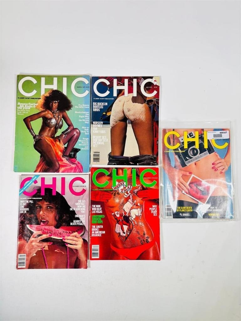 Chic Magazine Collection - Set of 5 -70s/80s: set of five (5) vintage issues of Chic Magazine. Launched by Larry Flynt as a high-gloss, edgy alternative to the mainstream adult titles of the time, Chic is celebrated for its bold photography, sati