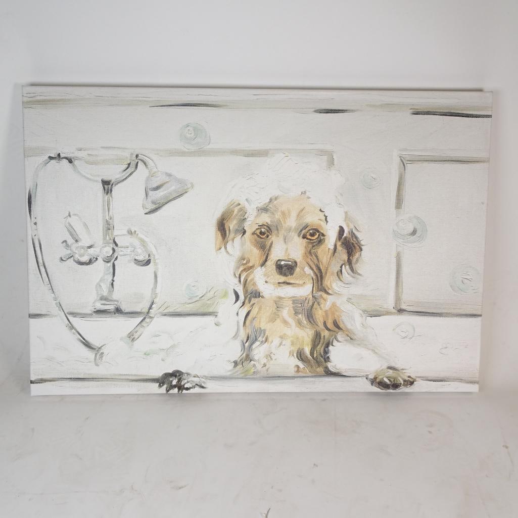 Bathroom Wall Art: Charming Marmont Hill fine art canvas print featuring a playful dog bath scene, perfect for bathroom decor, pet lovers, or modern farmhouse interiors. This limited edition artwork is professionally