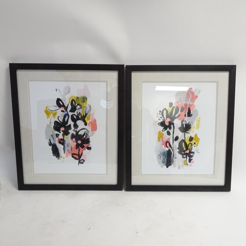 Set of 2 Abstract Floral Framed Prints: Beautiful set of two modern abstract floral framed prints featuring expressive brushstroke designs in black, coral, soft yellow, and neutral tones. These contemporary pieces bring a stylish artistic t
