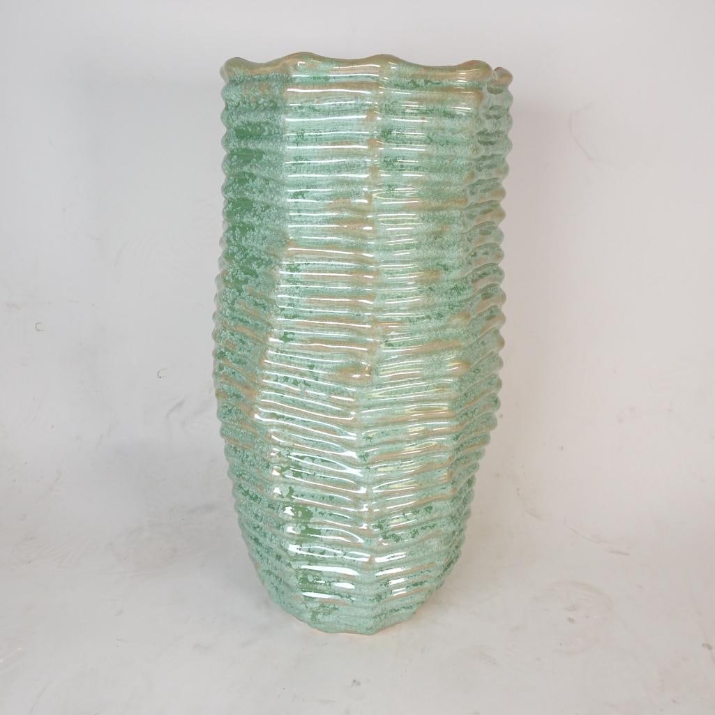 Large Handcrafted Reactive Glaze Art Pottery Vase: Beautiful handcrafted art pottery vase featuring a sculptural textured design and a stunning reactive glaze in soft seafoam green tones with natural earthy accents. Each piece shows unique variations