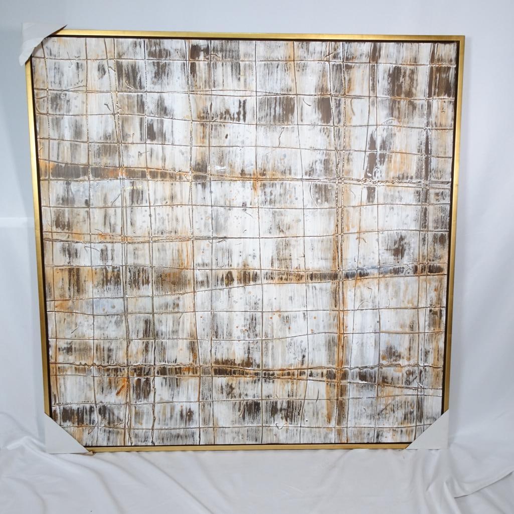 Uttermost Large Hand Painted Abstract Wall Art: Large hand-painted abstract wall art by Uttermost featuring a modern textured grid design in neutral tones with warm metallic accents. The artwork is set in an elegant gold tone frame, making it a str