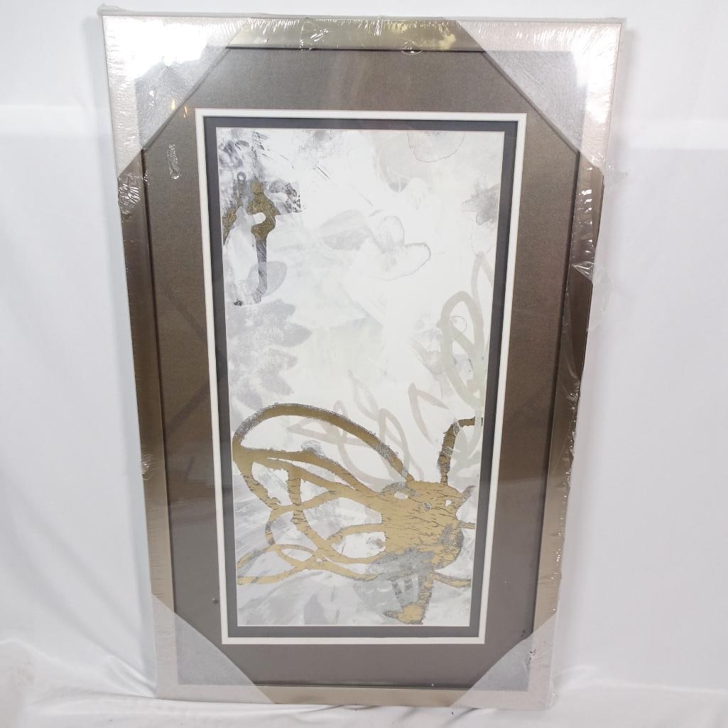 Large Abstract Gold Grey Framed Wall Art: Elegant large abstract wall art featuring a modern neutral palette of gold, grey, white, and soft metallic tones. This contemporary framed piece adds a sophisticated touch to living rooms, bedrooms, o