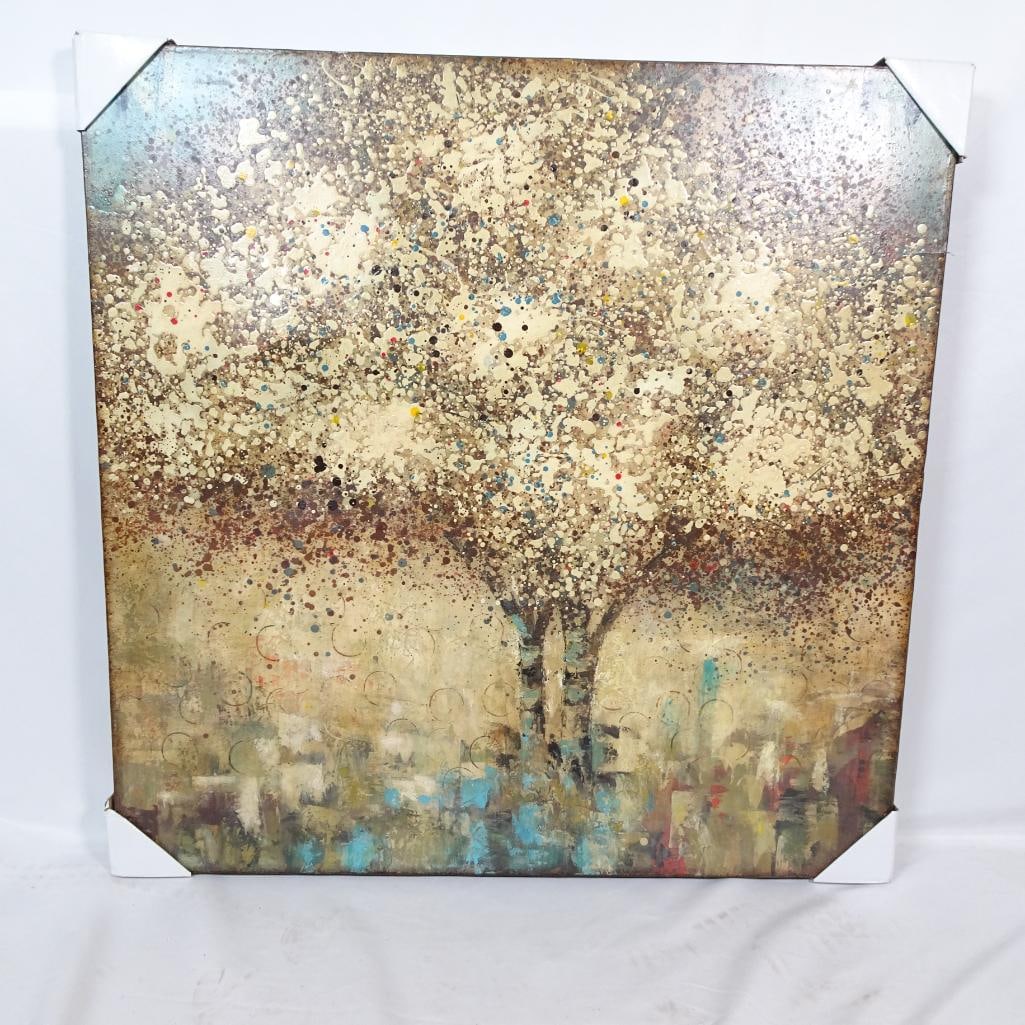 Large Abstract Tree Canvas Wall Art: Beautiful large abstract tree canvas featuring a rich textured design with neutral tones of beige, brown, cream, and subtle pops of blue and gold. The layered paint splatter technique creates depth an
