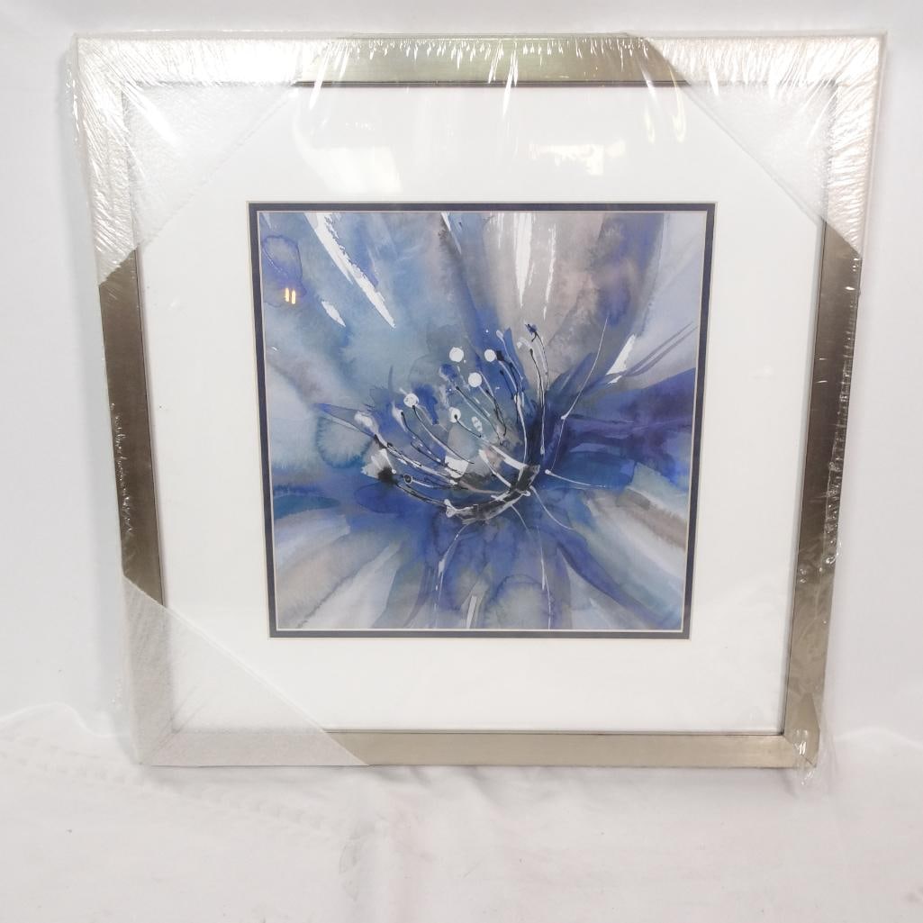 New Framed Blue Floral Watercolor: A brand_new, fully wrapped framed artwork featuring a striking blue watercolor flower with expressive, modern brushstrokes. The piece is matted with a clean white border and set in a sleek metallic fr