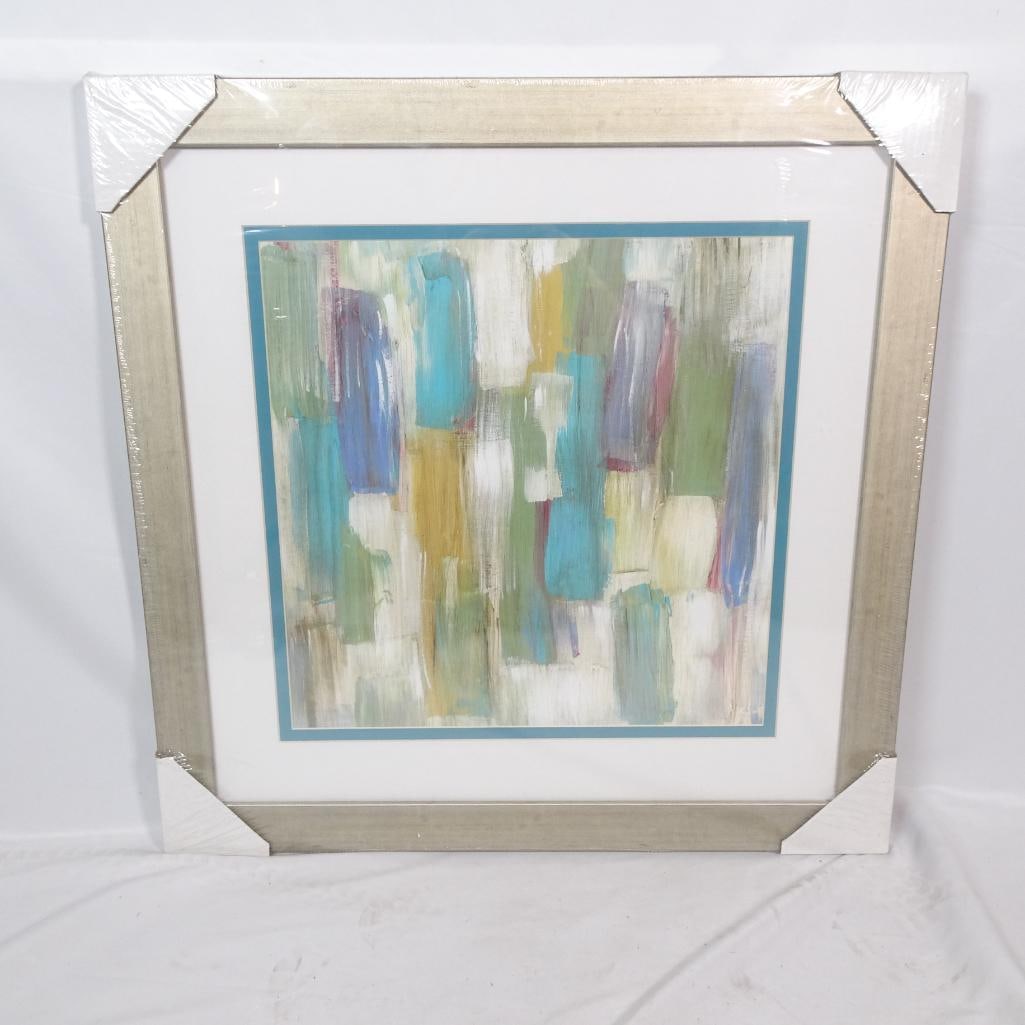 Large Framed Abstract Wall Art: Beautiful large framed abstract wall art featuring soft layered brushstrokes in calming tones of aqua, sage green, muted yellow, soft blue and neutral cream. This contemporary piece has a light wood-t