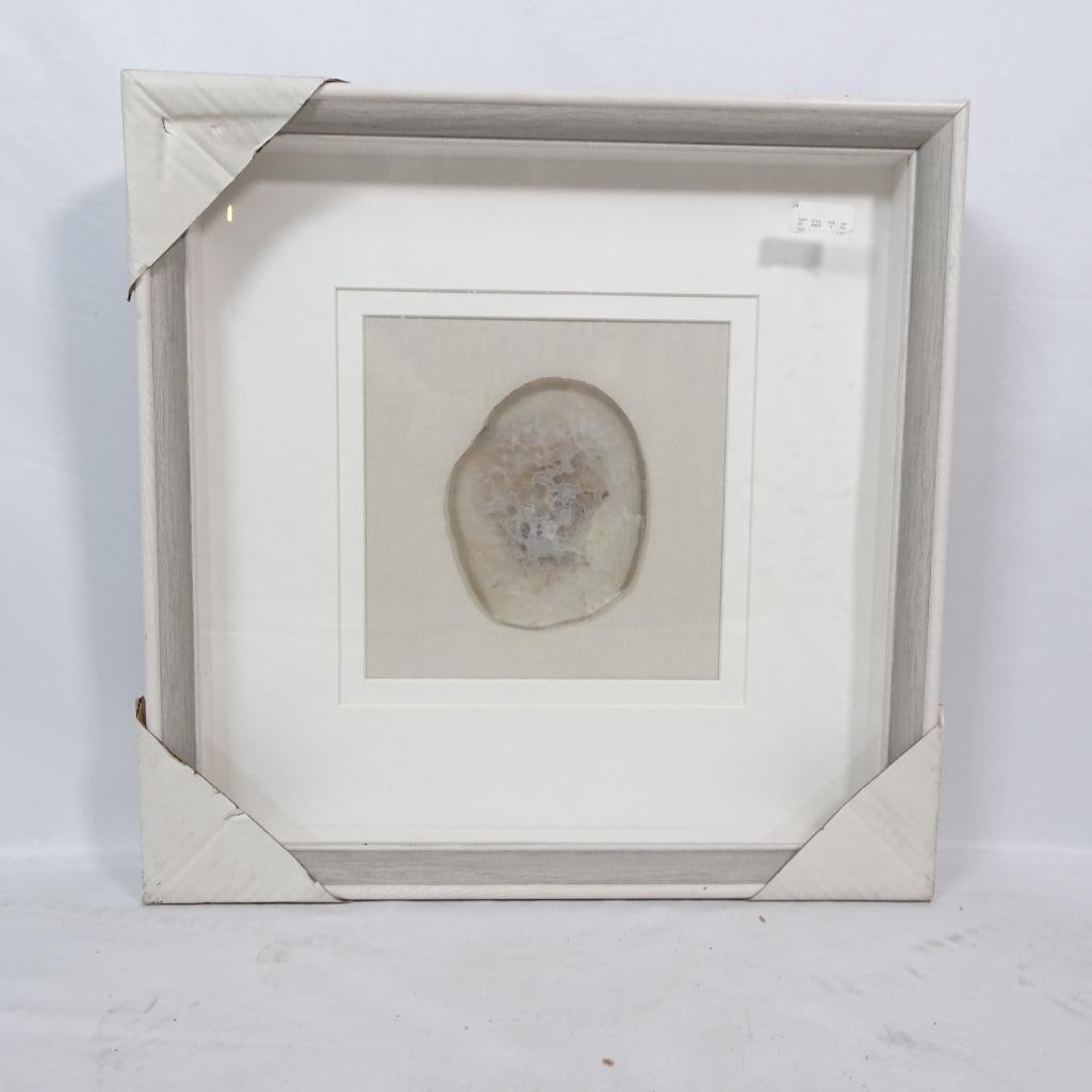 Framed Neutral Agate Slice Wall Art: Beautiful framed neutral wall art featuring a soft organic agate slice design in warm beige, taupe, and ivory tones. This minimalist stone-inspired artwork has a calming, spa-like aesthetic that works