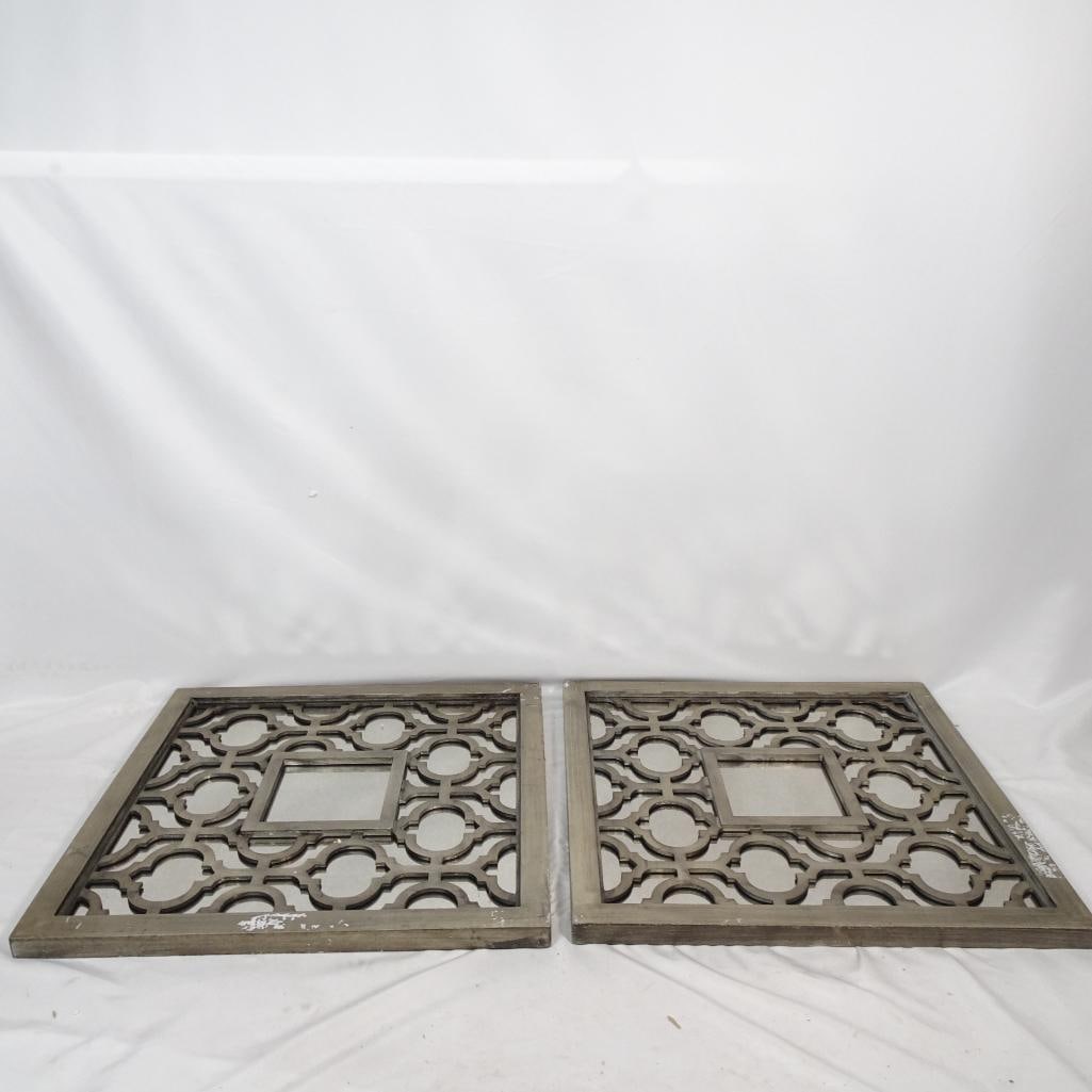 Set of 2 Wood Lattice Wall Mirror Panels: Beautiful set of two matching decorative wall panels. Approximate size (each): 20? x 20? Material: Wood frame with mirrored backing Finish: Distressed neutral wood tone Features: Intricate geometric