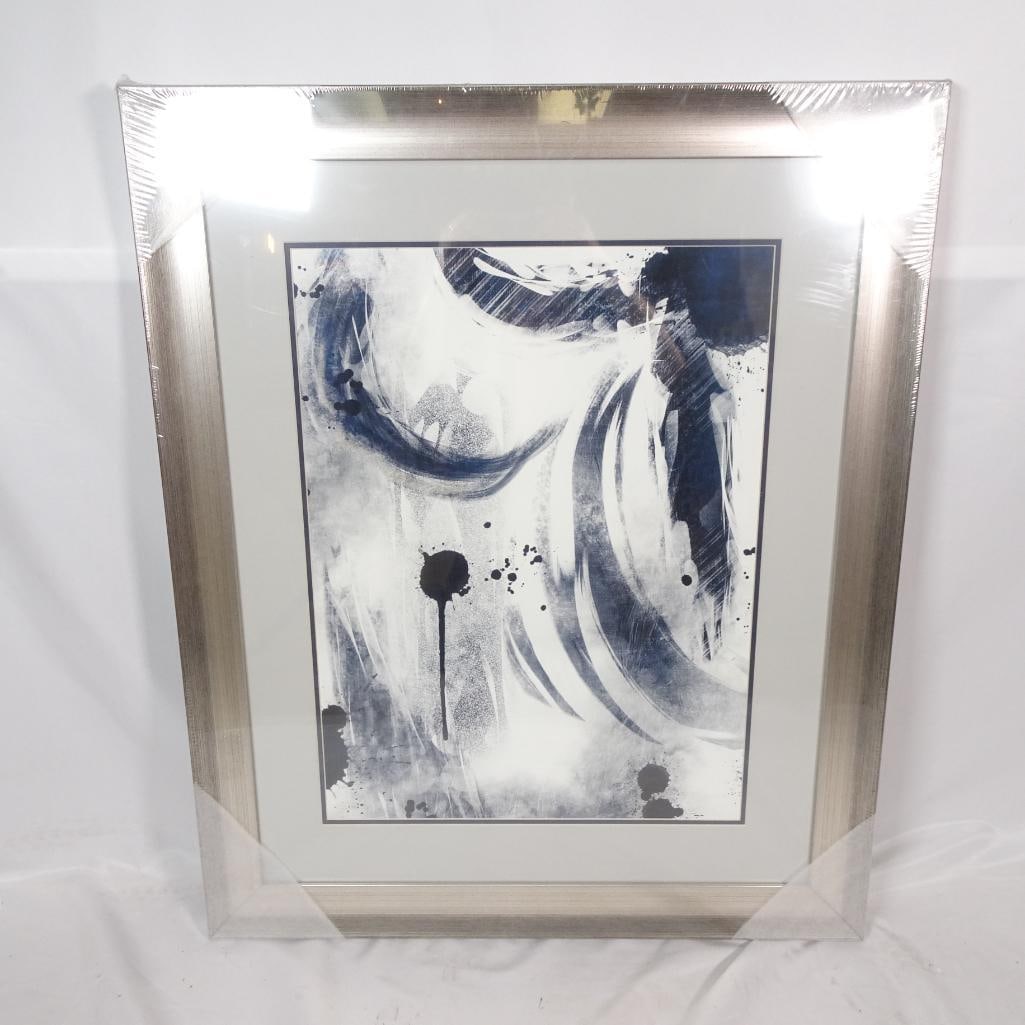 Large Framed Abstract Wall Art Print: Beautiful large-scale abstract wall art featuring expressive brush strokes and ink splatter design in shades of navy blue, gray, and white. The modern composition creates a sophisticated and calming