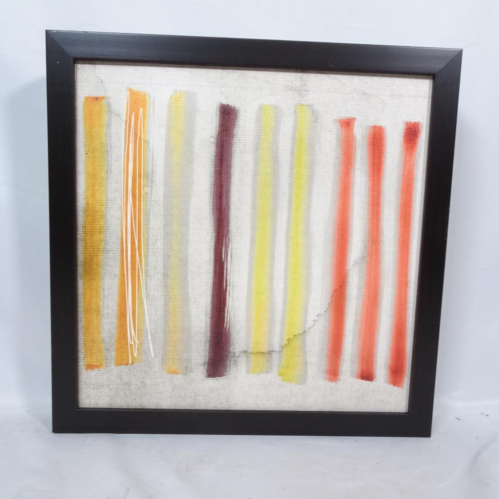 Abstract Framed Wall Art: Modern abstract framed wall art featuring vertical color stripe composition in warm tones including mustard yellow, burgundy, coral, orange, and soft neutrals. The textured canvas background adds