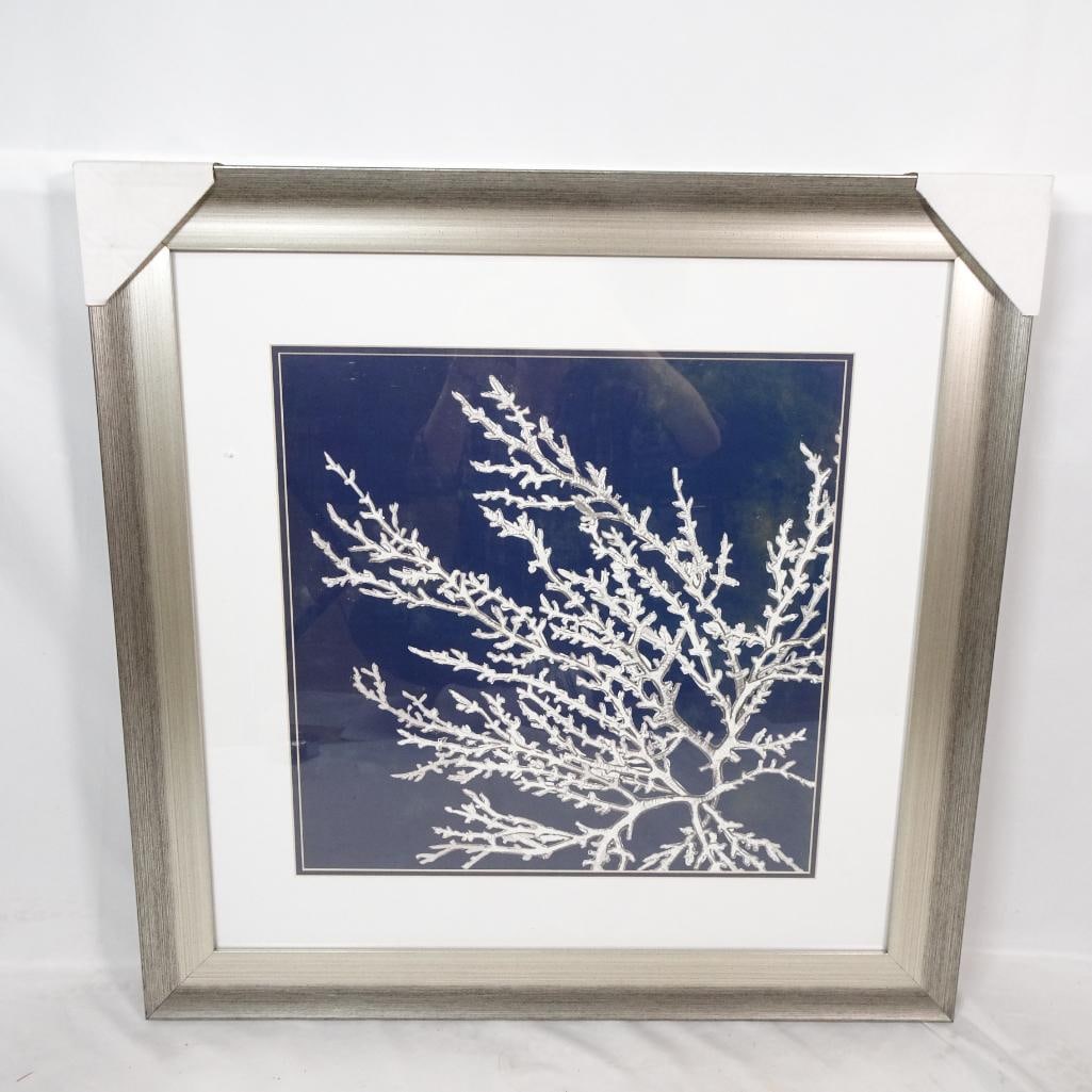 Large Framed Blue Coral Wall Art: Beautiful framed coastal artwork featuring a white coral design on a deep navy blue background. This classic nautical style piece creates an elegant, timeless look perfect for beach house, lake
