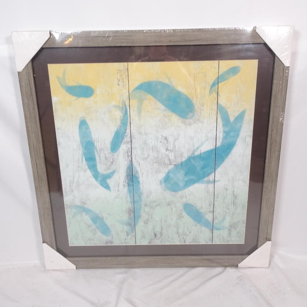 Blue Aqua Neutral Ocean Decor: Beautiful large framed wall art featuring soft blue koi fish swimming in a calm coastal-inspired composition. The distressed wood-style background and muted aqua tones create a serene spa-like