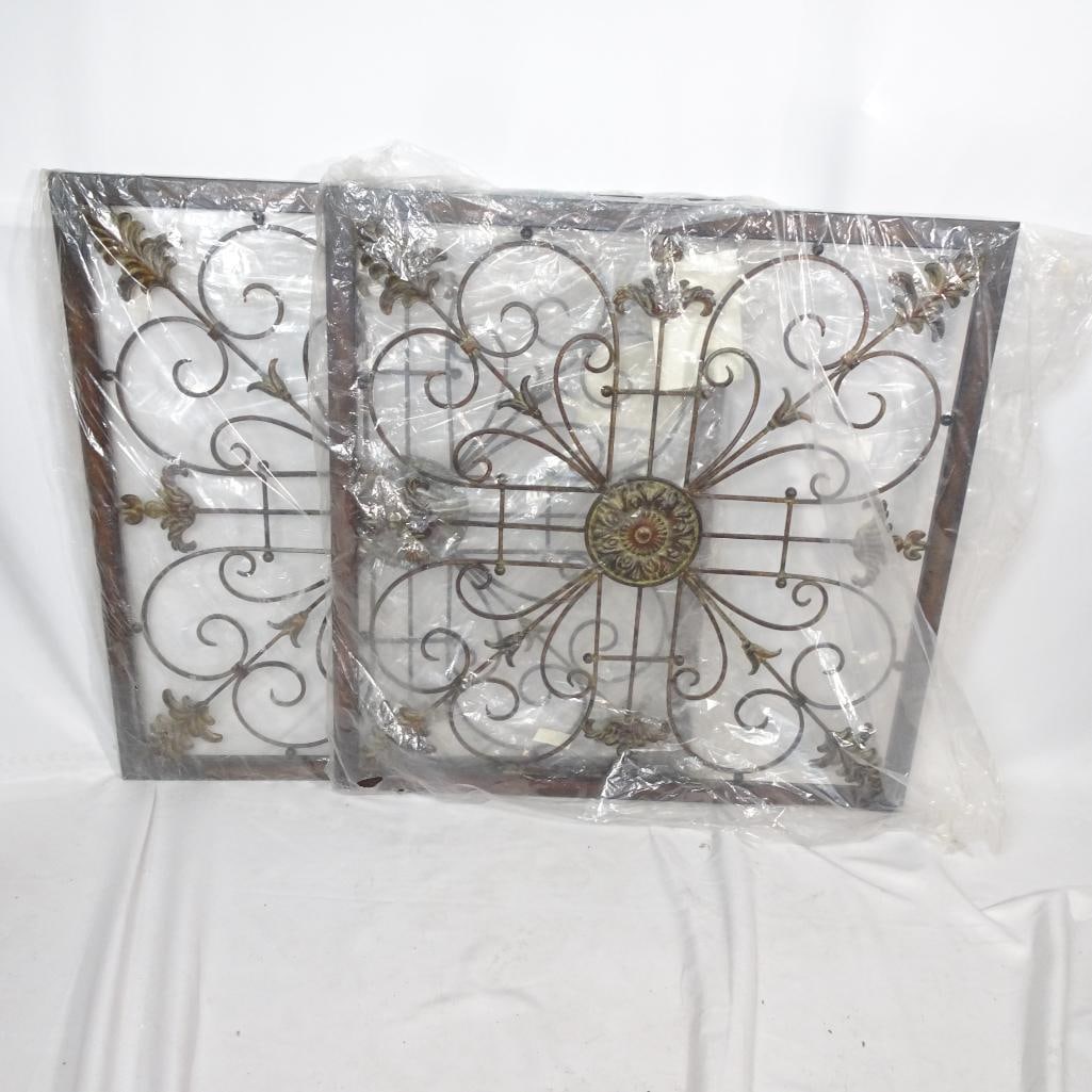 Set of 2 Large Decorative Metal Wall Panels: Set of two large decorative metal wall panels featuring elegant scrollwork and floral medallion center design. Heavy metal construction Antiqued bronze gold finish Square shape Approx. 30? x 30? each
