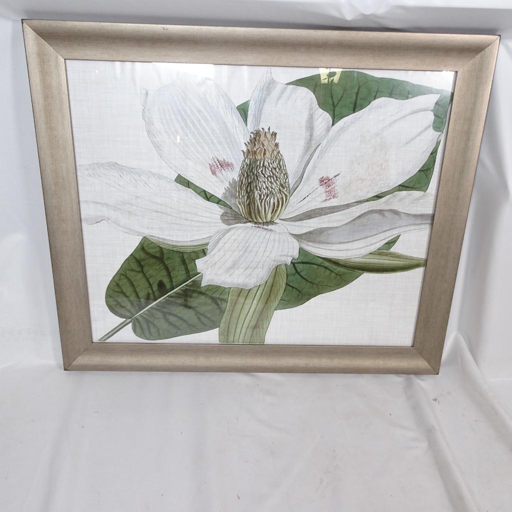 Made on Earth Magnolia Framed Wall Art: Elegant framed botanical wall art featuring a large white magnolia blossom with soft green leaves on a neutral background. This timeless floral piece blends beautifully with traditional, farmhouse, co