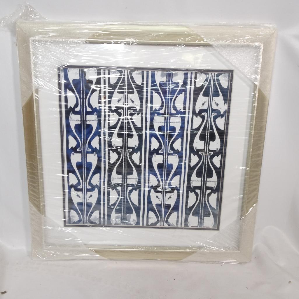 Made on Earth Indigo Impression VII Framed Wall Art: Brand new framed wall art by Made on Earth titled ?Indigo Impression VII.? Features a beautiful blue and white geometric tile-inspired pattern with a coastal Mediterranean feel. Clean and timeless des