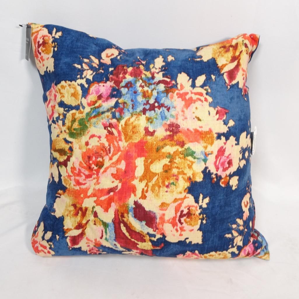 Canaan Company Floral Decorative Pillow: Beautiful Canaan Company decorative accent pillow featuring a vibrant floral design on a deep blue background. The colorful bouquet-style pattern includes shades of coral, pink, yellow, and soft blue,