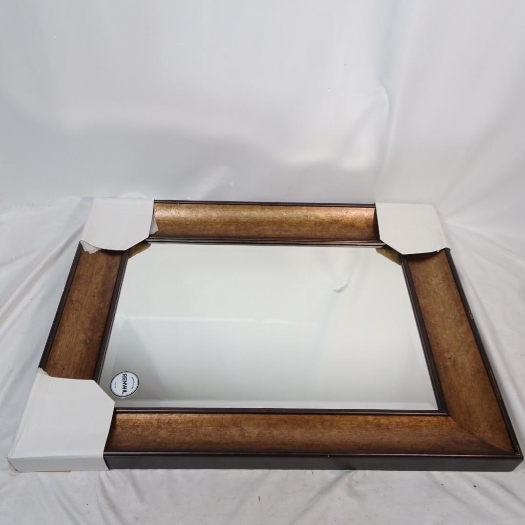 Large Wall Mirror Wood Frame Brown: Large decorative RENWIL wall mirror (model MT2078) featuring a beautiful warm brown wood-look frame with rustic texture. The frame has a classic yet modern style that works well with traditional, rust