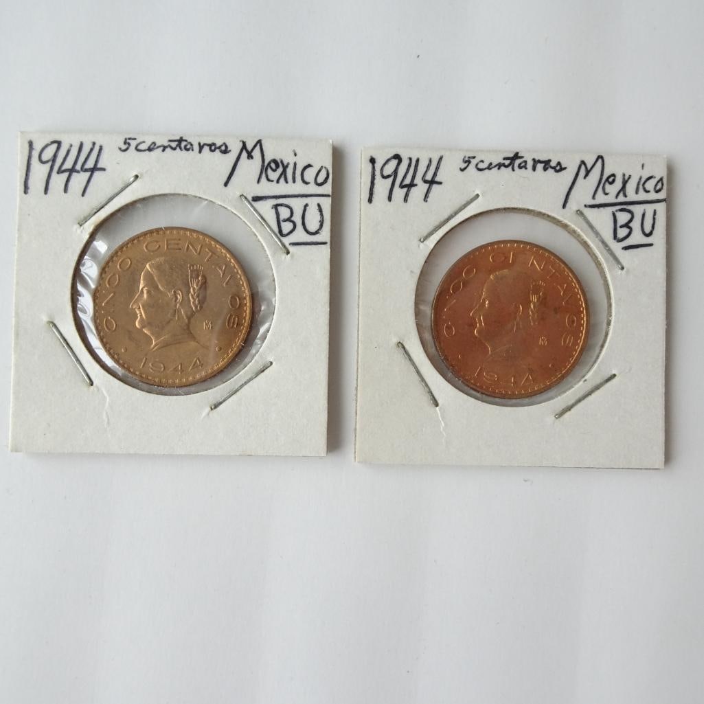 Lot of 2 1944 Mexico 5 Centavos Coins BU Mexican Copper World Coins (1 of 5)