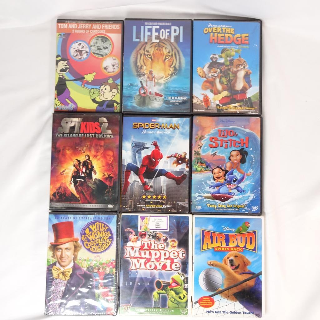Lot of 9 Family & Kids DVDs Life of Pi, Spider-Man Homecoming, Lilo & Stitch, Willy Wonka, Tom & J (1 of 2)