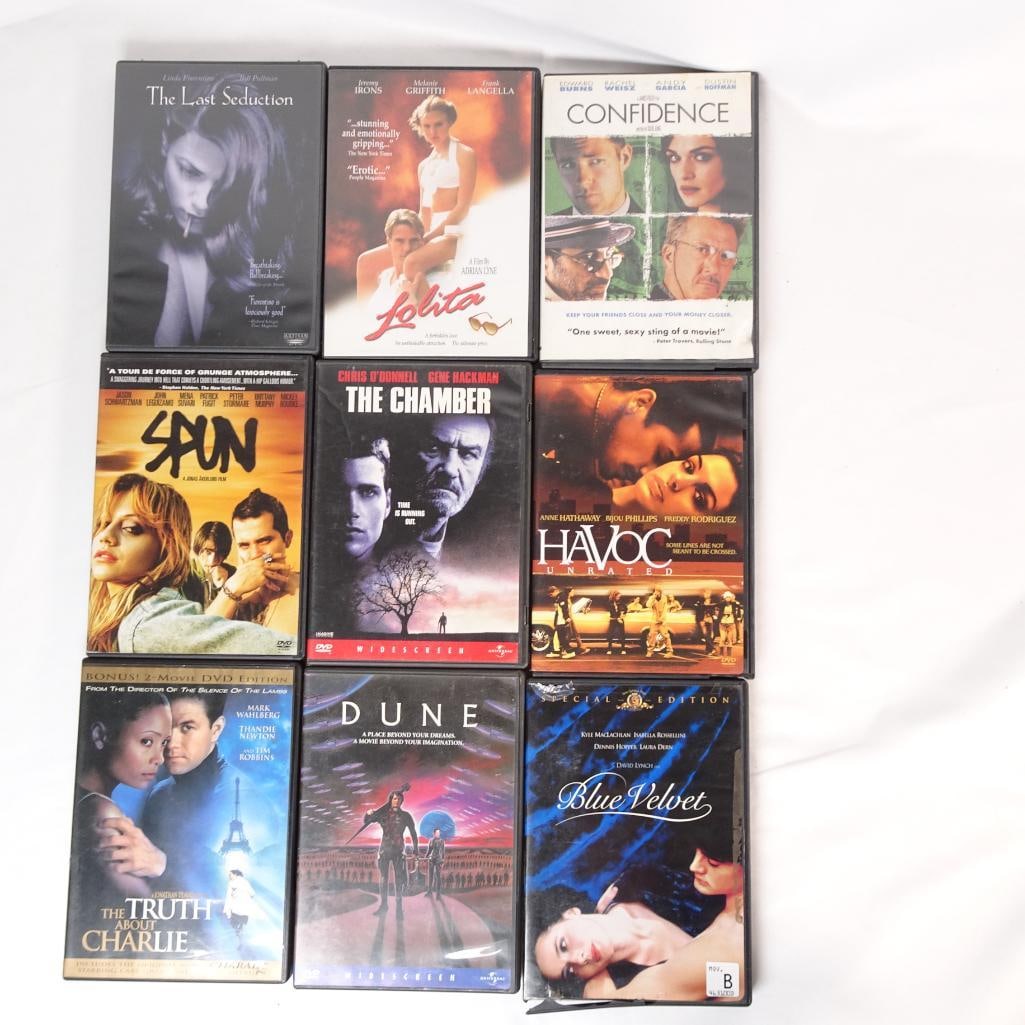 Lot of 9 DVDs Blue Velvet, Dune, Lolita, Mulholland Dr., The Last Seduction: Lot of 9 DVD movies featuring a mix of drama, thriller, cult classics, and art-house films. A great bundle for movie collectors or fans of unique and critically acclaimed cinema. All DVDs come in thei