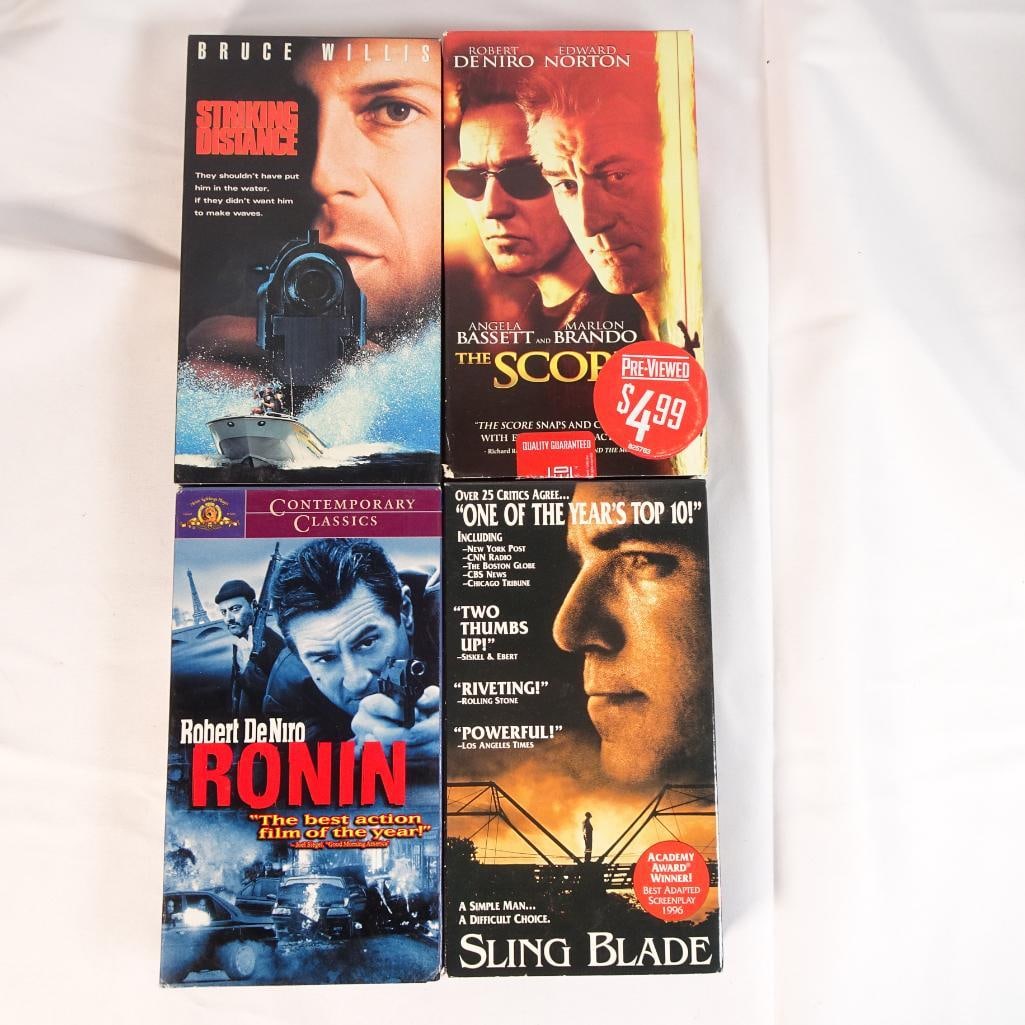 Lot of 4 VHS Movies Ronin, The Score, Sling Blade, Striking Distance Crime Drama Action: Lot of 4 movies on VHS tape, featuring a mix of crime, drama, and action films with top Hollywood actors. A strong collection of critically acclaimed films and popular 90searly 2000s titles, perfect f