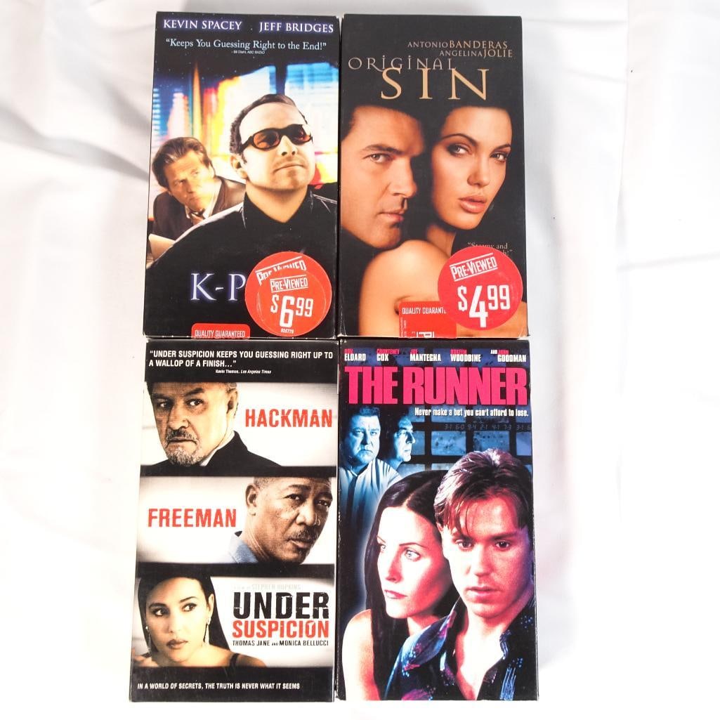 Lot of 4 VHS Movies K-PAX, Original Sin, Under Suspicion, The Runner Thriller Drama: Lot of 4 movies on VHS tape, featuring a mix of thriller, drama, and crime films with well-known Hollywood actors. A great collection for fans of suspenseful stories, psychological dramas, and vintage