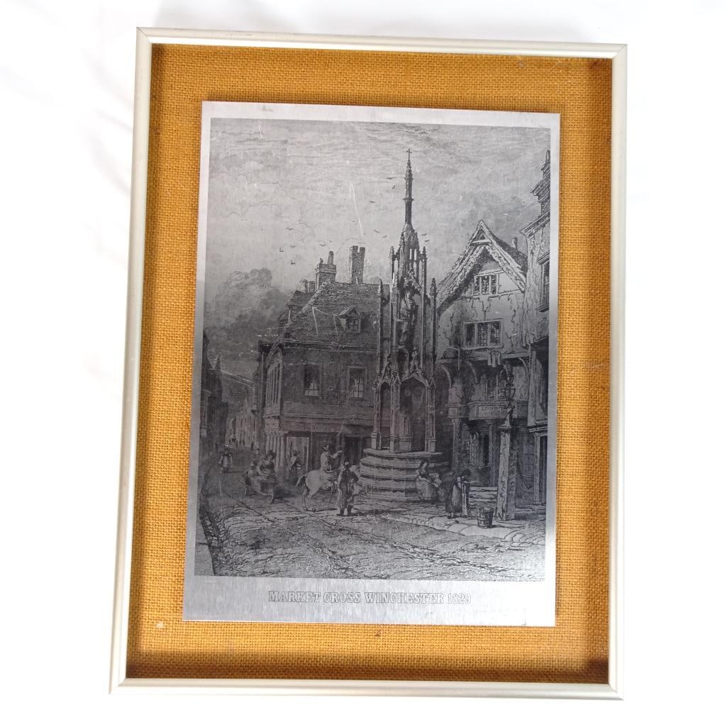 Vintage Framed Steel Engraving Market Cross Winchester 1829 Omicways England Wall Art: Vintage framed decorative wall art featuring a detailed reproduction of ?Market Cross, Winchester 1829?. Produced by Omicways Ltd., Bude, Cornwall, England, this piece is a steel reproduction artwork