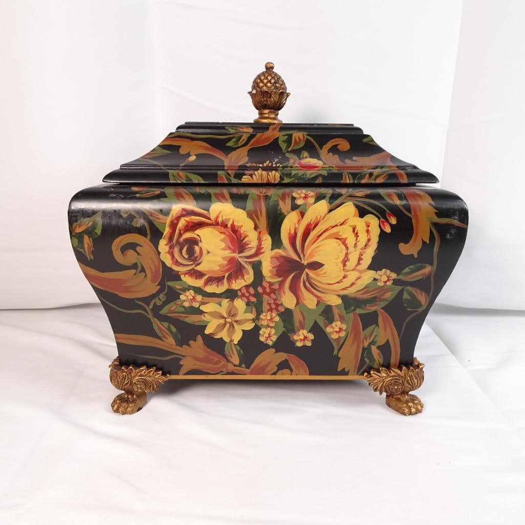 Vintage Floral Decorative Storage Box Urn Style Gold Feet Hollywood Regency Style (1 of 8)