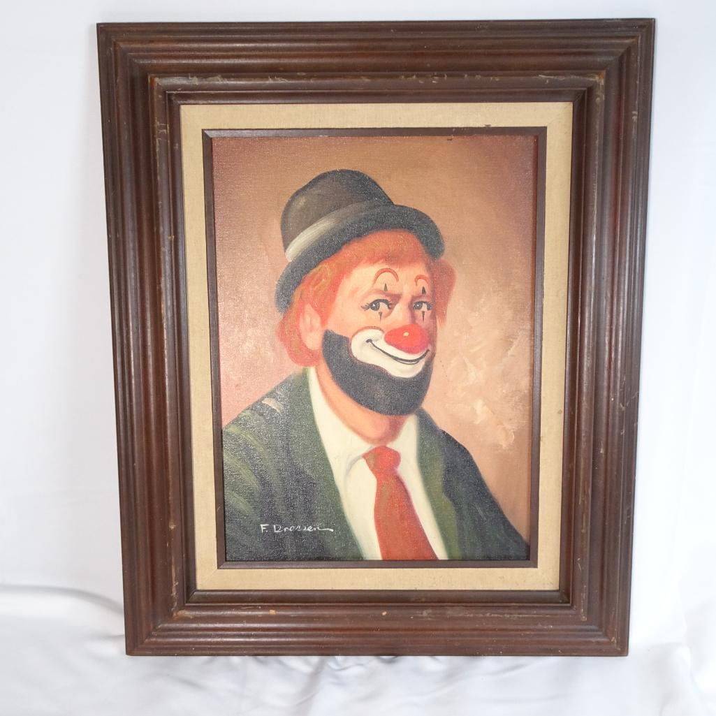 Vintage Clown Portrait Painting Signed F. Dresen Framed Mid Century Circus Art (1 of 6)