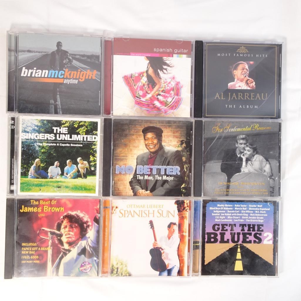 Lot of 9 Music CDs R&B Jazz Soul James Brown Al Jarreau Brian McKnight Blues + More: Mixed lot of 9 music CDs featuring a smooth blend of R&B, jazz, soul, blues, and instrumental music. A perfect mix for relaxing listening, collectors, or resellers looking for recognizable artists and