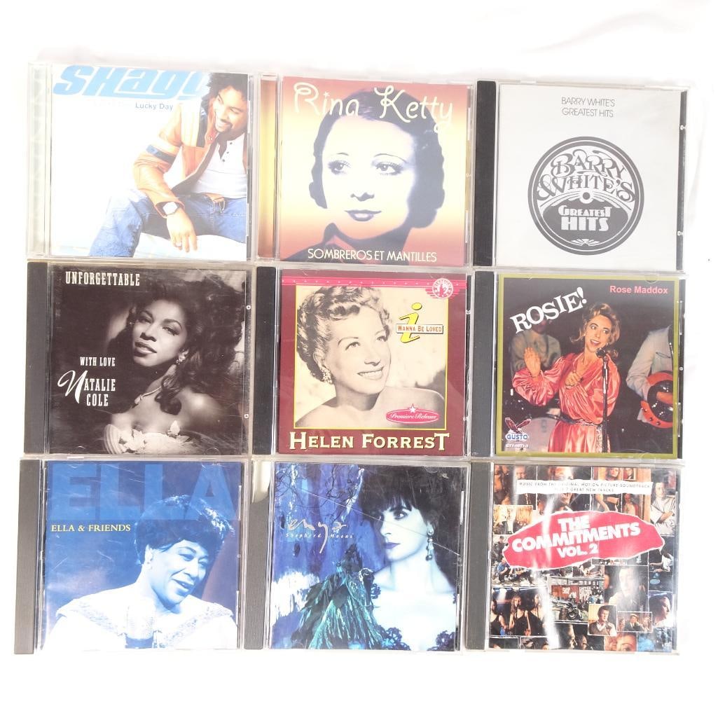 Lot of 9 Music CDs Soul Jazz R&B Barry White Natalie Cole Ella Fitzgerald + More: Mixed lot of 9 music CDs featuring a smooth and soulful collection of jazz, R&B, and classic vocal performances. A beautiful mix of timeless voices and relaxing music styles ? perfect for collectors,