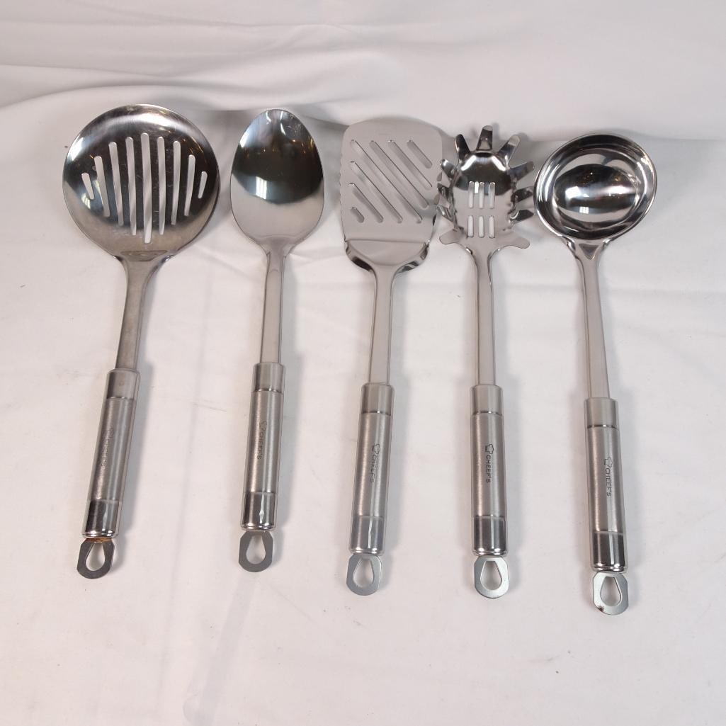 5 Pc Stainless Steel Kitchen Utensil Set Chef?s Slotted Spoon Ladle Spaghetti Turner Spatula (1 of 3)