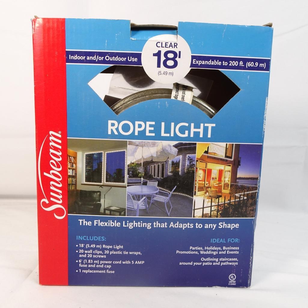 Sunbeam 18 ft Clear Rope Light Indoor Outdoor Flexible String Light w Accessories: Sunbeam clear rope light set perfect for indoor and outdoor decorative lighting. Perfect for: patios, balconies, gardens holidays & seasonal decor stairways, cabinets, pathways events, weddings, ambie