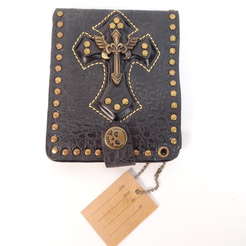 Gothic Biker Wallet Cross Skull Studded Leather Look Chain Punk Rock Style: Unique gothic-style wallet featuring bold biker punk design. Condition: Pre-owned, good condition. Minor signs of wear consistent with use (see photos). Perfect for: _ biker style outfits _ gothic fas
