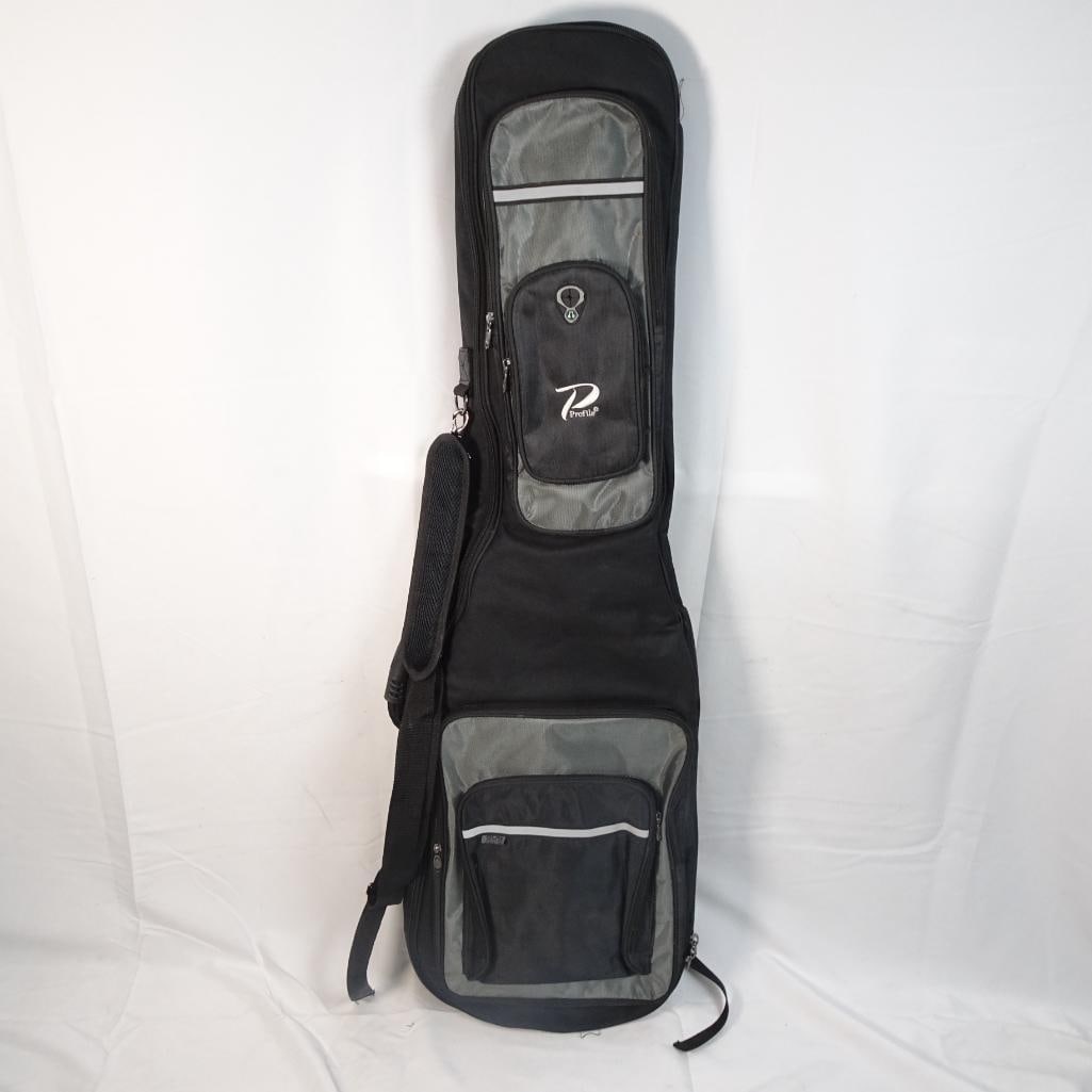 Custom Made Fretless Electric Bass Guitar with Gig Bag: Custom made fretless electric bass guitar in red sparkle finish, together with soft gig bag. The instrument features a modern sculpted body, fretless fingerboard, and chrome hardware. A visually strik