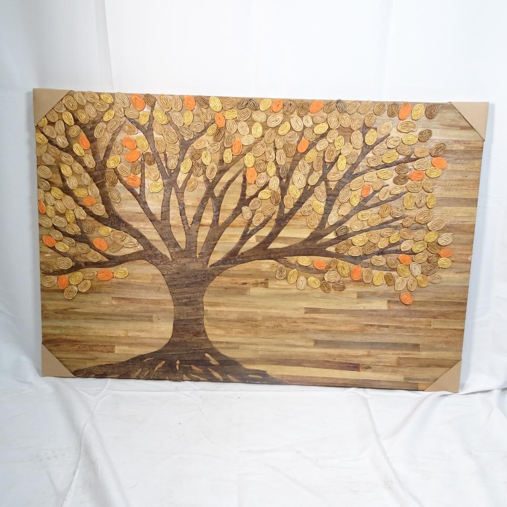 Large Wooden Wall Art Tree of Life Panel 3D Handcrafted Natural Decor 48: Beautiful large wooden wall art panel featuring a Tree of Life design, crafted with natural materials and textured details. This decorative piece features a warm wood background with a raised tree des